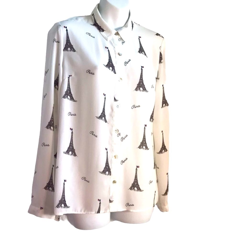 Forever 21 Paris Eiffel Graphic Print Tower Button Down Blouse White S